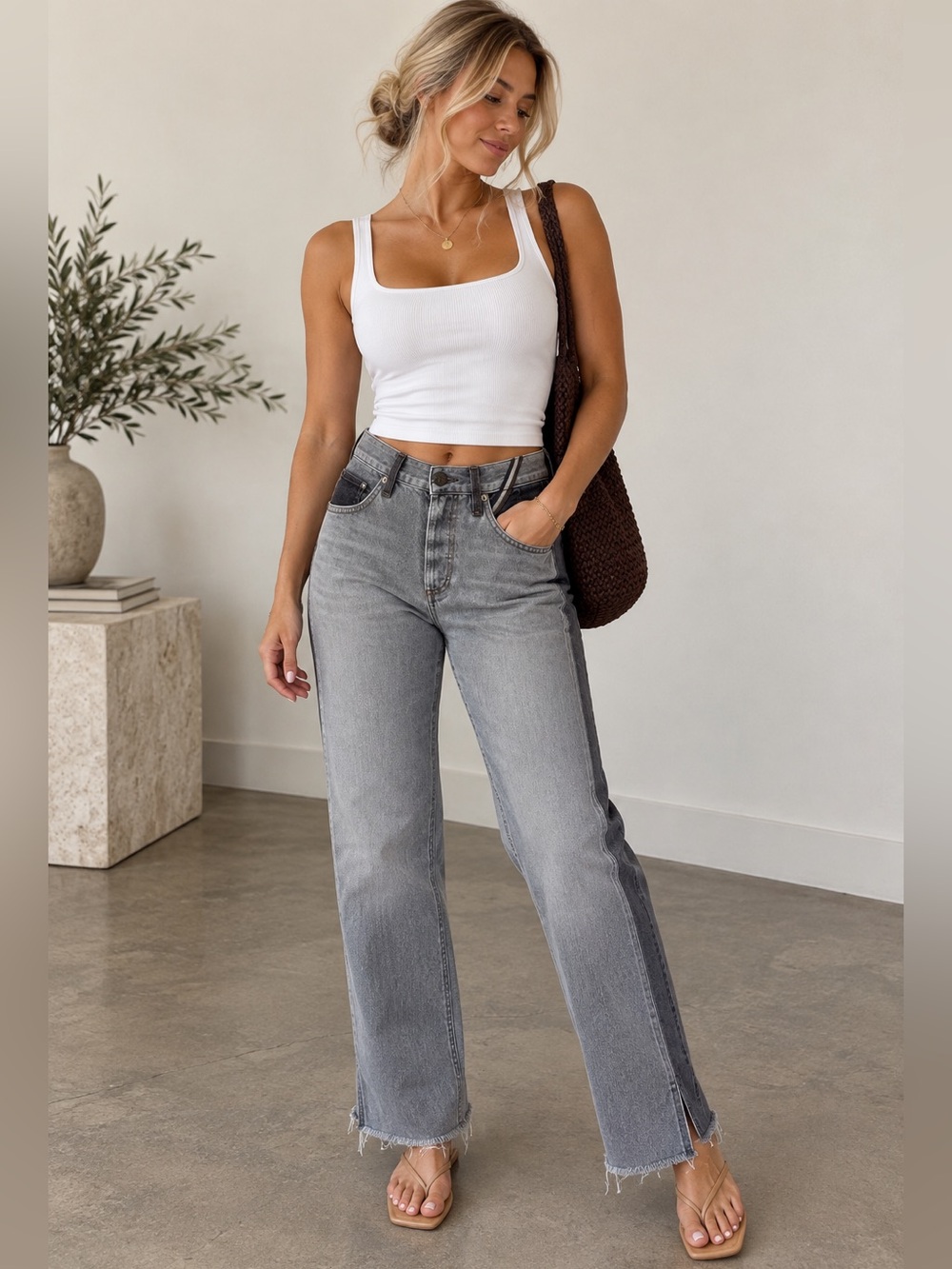 Jean Atelier Size 25 Two Tone Gray Straight Leg Raw Hem Designer Jeans